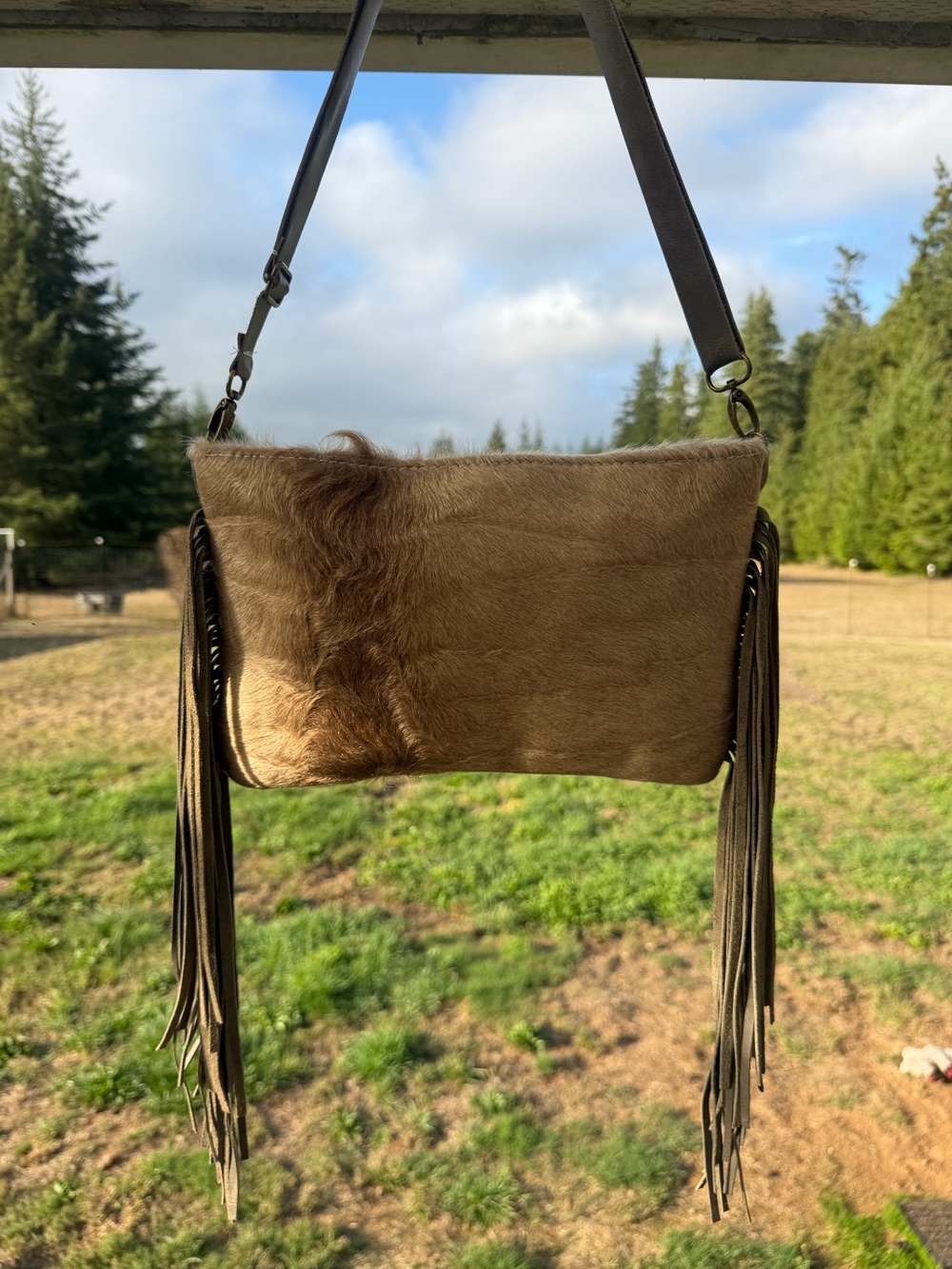 Fringe Hair-On Hide Crossbody Bag in Tan & Gray